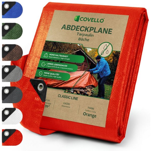 Covello Schutzplane 90g/m² orange, Abdeckplane mit Ösen wasserdicht, Plane UV-stabilisiert in vielen verschiedenen Farben & Größen