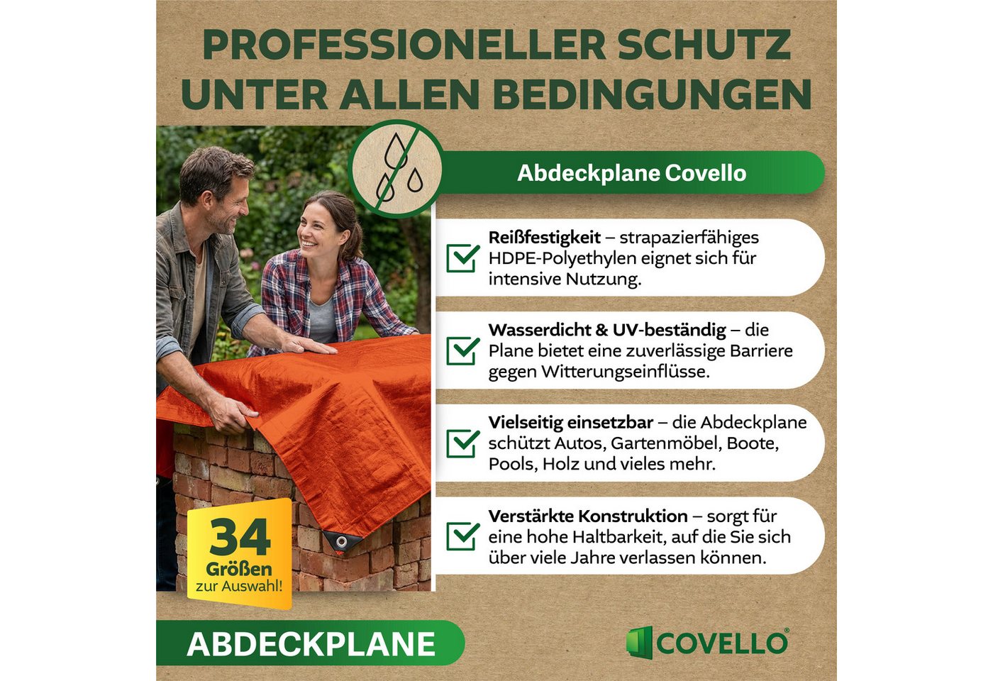 Covello Schutzplane 90g/m² orange, Abdeckplane mit Ösen wasserdicht, Plane UV-stabilisiert in vielen verschiedenen Farben & Größen – Bild 2 von 5