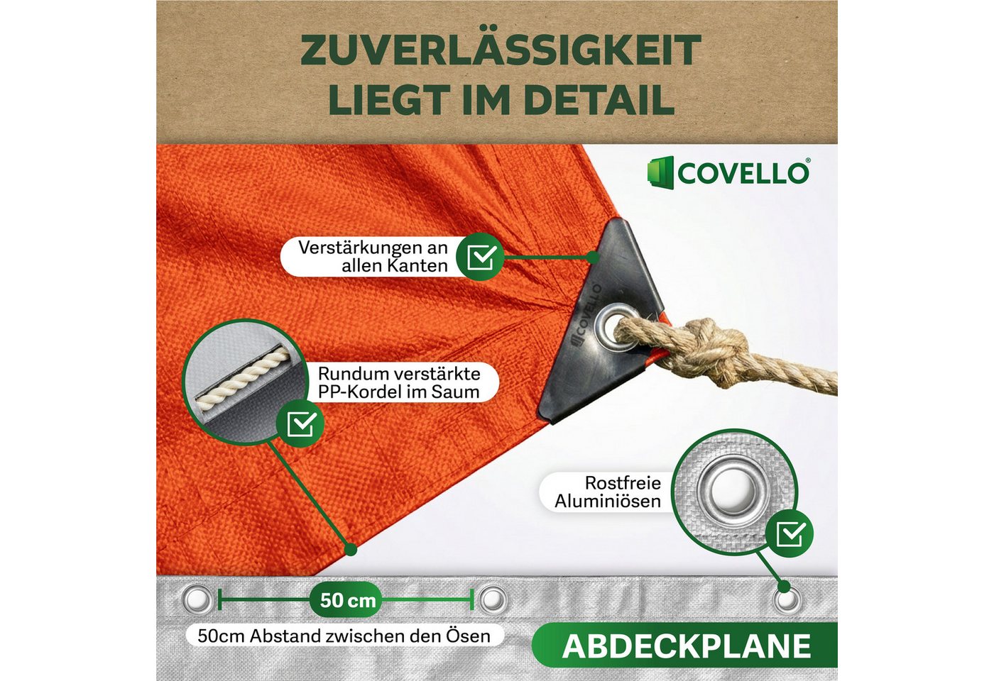 Covello Schutzplane 90g/m² orange, Abdeckplane mit Ösen wasserdicht, Plane UV-stabilisiert in vielen verschiedenen Farben & Größen – Bild 3 von 5