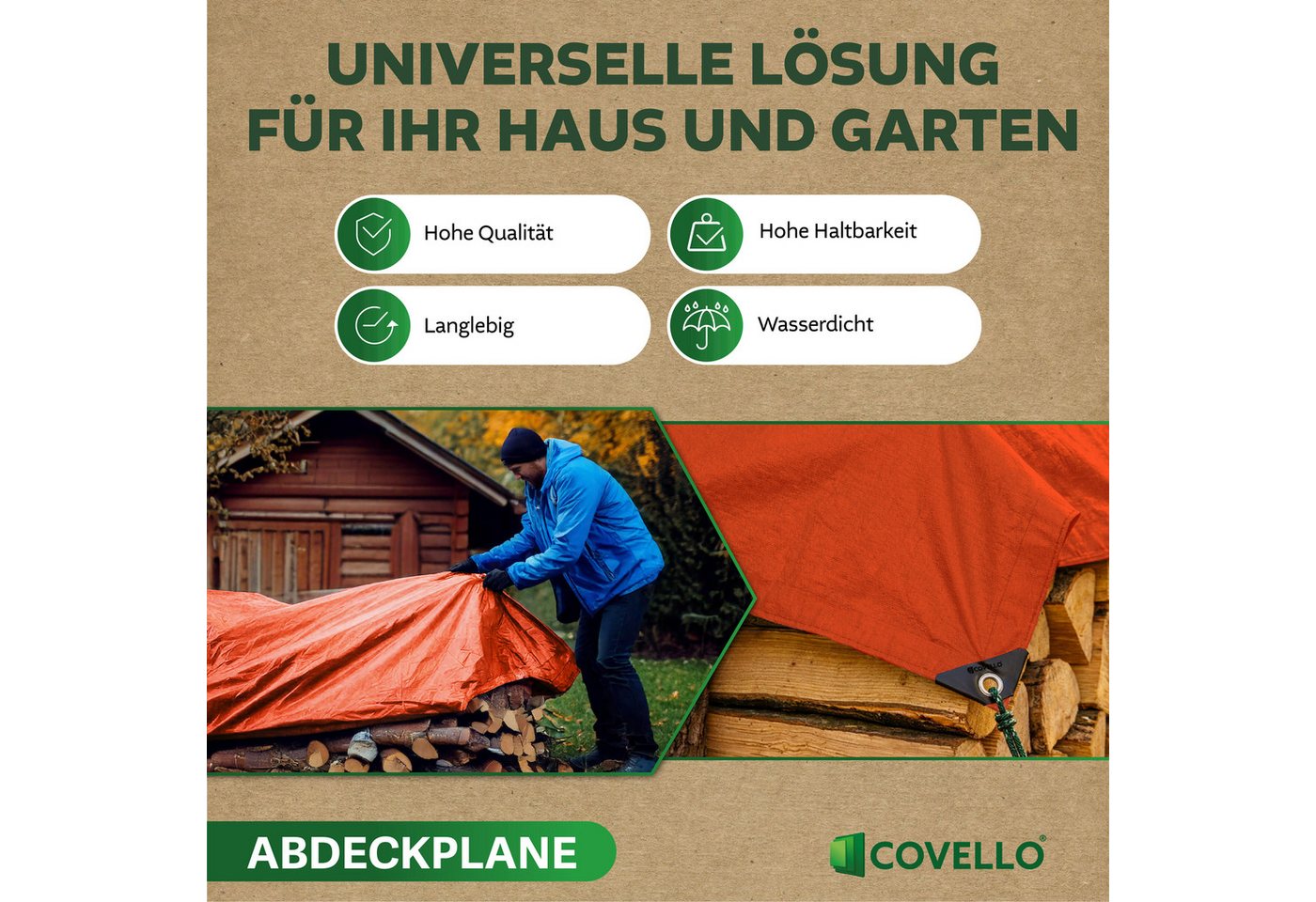 Covello Schutzplane 90g/m² orange, Abdeckplane mit Ösen wasserdicht, Plane UV-stabilisiert in vielen verschiedenen Farben & Größen – Bild 4 von 5