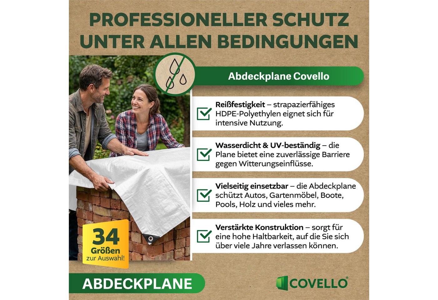 Covello Schutzplane 90g/m² weiß, Abdeckplane mit Ösen wasserdicht, Plane UV-stabilisiert in vielen verschiedenen Farben & Größen – Bild 2 von 5