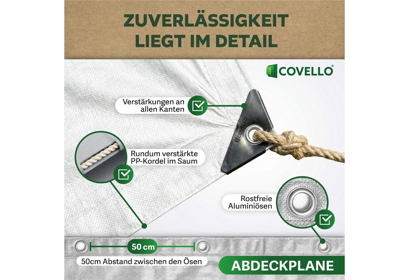 Covello Schutzplane 90g/m² weiß, Abdeckplane mit Ösen wasserdicht, Plane UV-stabilisiert in vielen verschiedenen Farben & Größen – Bild 3 von 5