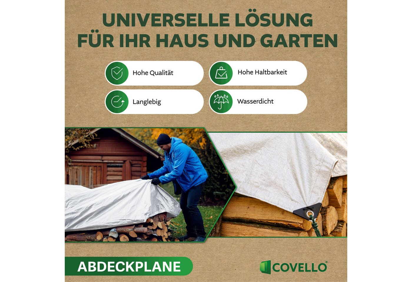 Covello Schutzplane 90g/m² weiß, Abdeckplane mit Ösen wasserdicht, Plane UV-stabilisiert in vielen verschiedenen Farben & Größen – Bild 4 von 5