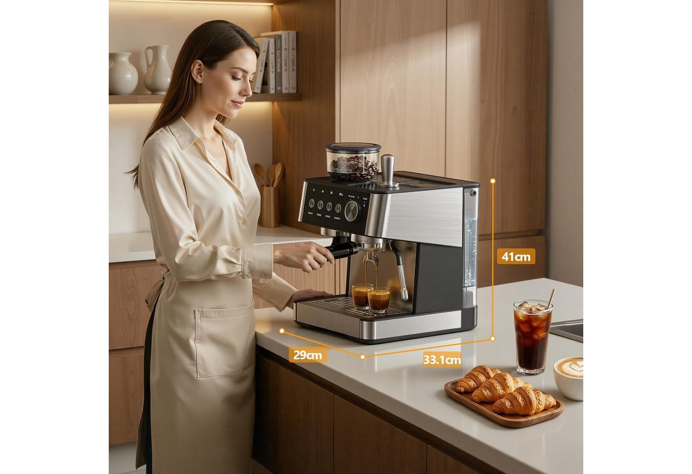 COWSAR Espressomaschine mit Mahlwerk & Milchaufschäumer – 15 Bar Pumpendruck, 30 Mahlgrade, Schnellaufheizung, 2,5L Wassertank, Für Espresso, Cappuccino – Bild 4 von 5