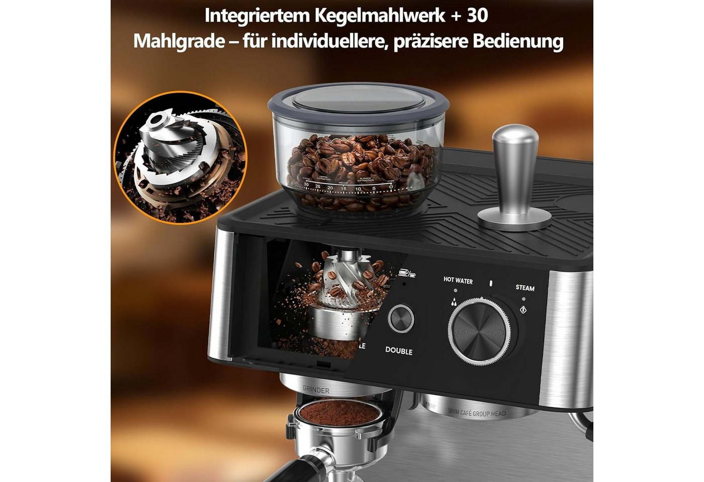 COWSAR Espressomaschine mit Mahlwerk & Milchaufschäumer – 15 Bar Pumpendruck, 30 Mahlgrade, Schnellaufheizung, 2,5L Wassertank, Für Espresso, Cappuccino – Bild 5 von 5