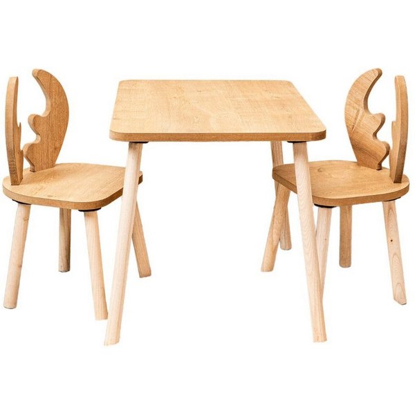 COZYCOLLECTIONS Kindersitzgruppe Kindertisch-Set mit Tiermotiv-Stühlen aus Naturholz, (Kindertisch-Set, 3-tlg., 3-teilig (1 Tisch + 2 Stühle), Montessori-Design
