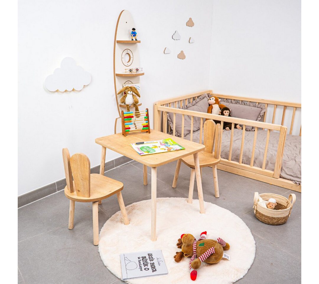 COZYCOLLECTIONS Kindersitzgruppe Kindertisch-Set mit Tiermotiv-Stühlen aus Naturholz, (Kindertisch-Set, 3-tlg., 3-teilig (1 Tisch + 2 Stühle), Montessori-Design – Bild 2 von 5