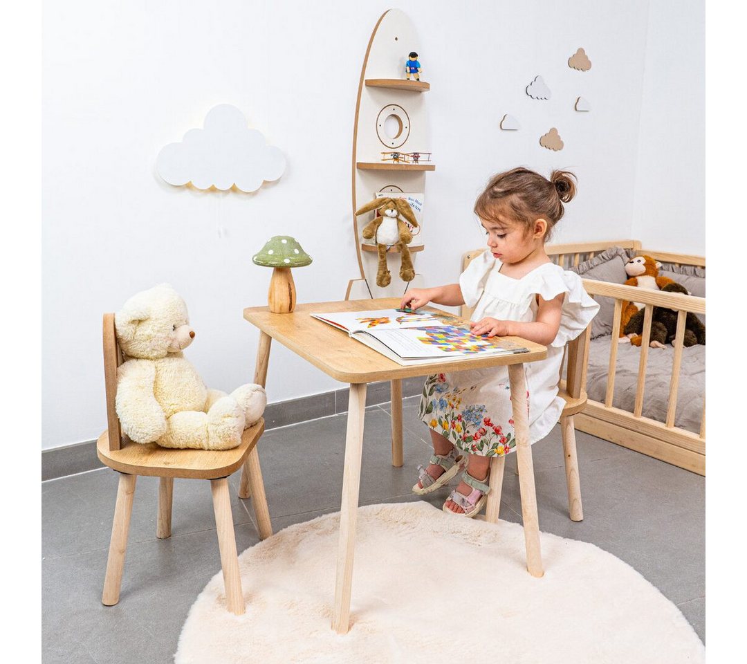 COZYCOLLECTIONS Kindersitzgruppe Kindertisch-Set mit Tiermotiv-Stühlen aus Naturholz, (Kindertisch-Set, 3-tlg., 3-teilig (1 Tisch + 2 Stühle), Montessori-Design – Bild 3 von 5