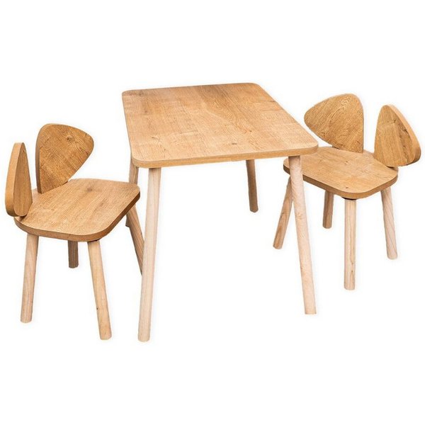 COZYCOLLECTIONS Kindersitzgruppe Kindertisch-Set mit Tiermotiv-Stühlen aus Naturholz, (Kindertisch-Set, 3-tlg., 3-teilig (1 Tisch + 2 Stühle), Montessori-Design