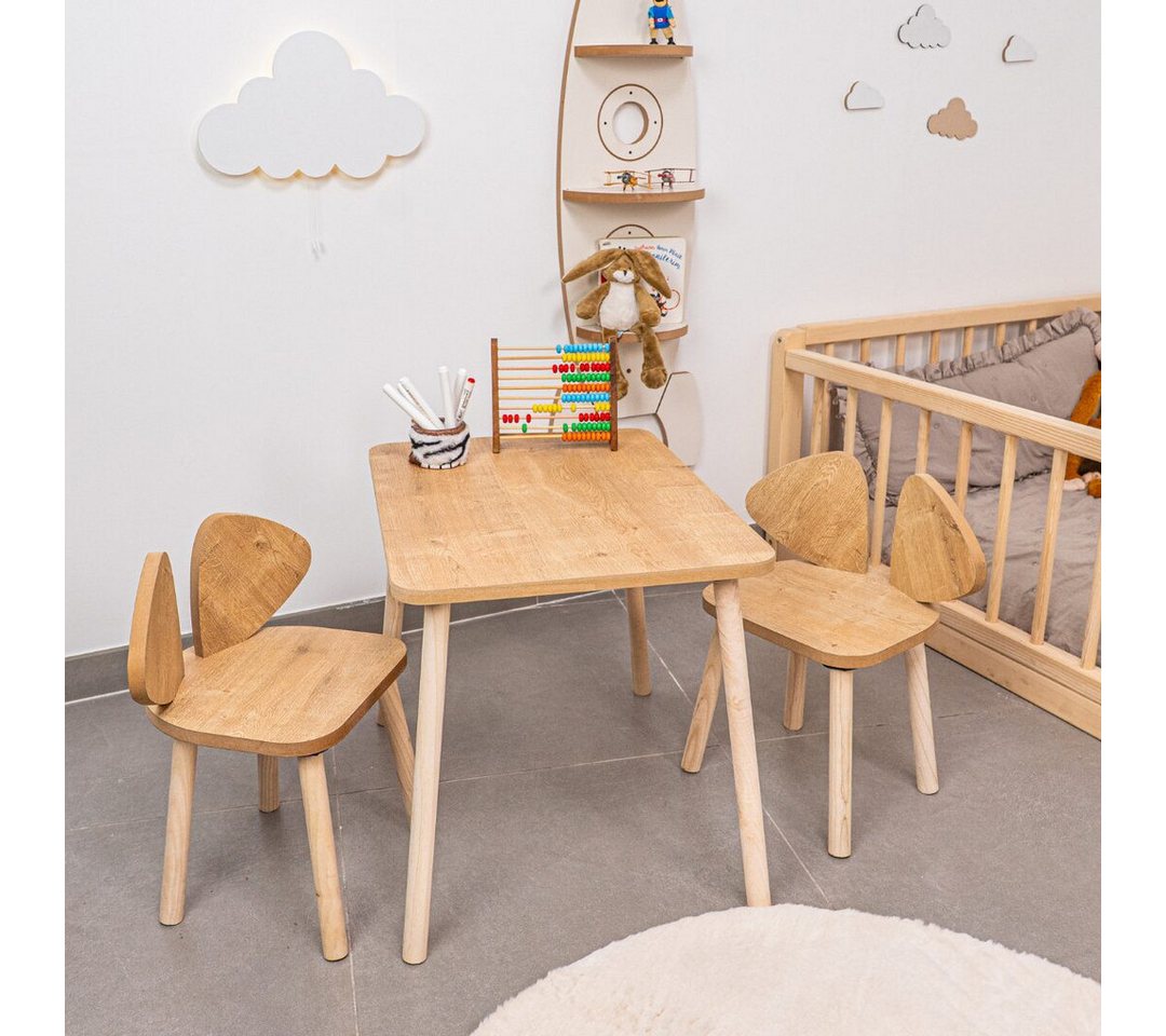 COZYCOLLECTIONS Kindersitzgruppe Kindertisch-Set mit Tiermotiv-Stühlen aus Naturholz, (Kindertisch-Set, 3-tlg., 3-teilig (1 Tisch + 2 Stühle), Montessori-Design – Bild 2 von 5