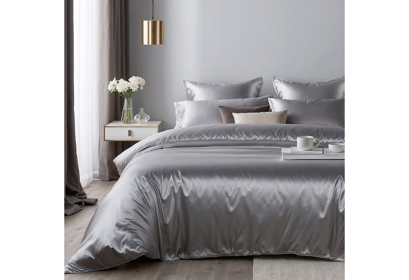Cozyor Bettwäsche Satin glänzend 135x200, 155x200, 155x220, 200x200cm mit Reißverschluss, Satin, hellgrau Moonlight, 2 teilig, Edel und hochwertig – Bild 5 von 5