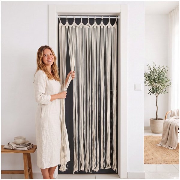 Cozyor Türvorhang Makramee Vorhang Boho 100x200 cm für Tür, Fenster, Balkon & Wohnwagen (1 St), Schlaufen, 100% Baumwolle, mit Klemmstange ohne Bohren beige, Wa