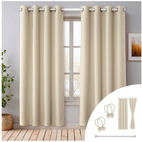 Cozyor Vorhang Set mit 2x Gardine + 2x Vorhanghalter + 1x Gardinenstange ohne Bohren (2 St), Ösen, verdunkelnd, Verdunklungsstoff, Raumteiler blickdicht, Thermo