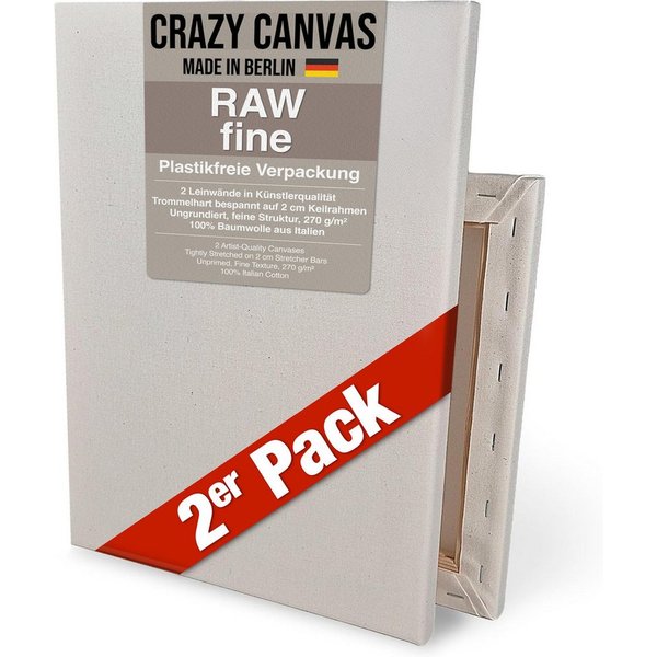 Crazy Canvas Leinwand RAW Fine 30x30 cm, 2er Pack, feine Struktur, versandfrei, ungrundiert, 270 g/m², feine Struktur, helle Optik, Made in Berlin