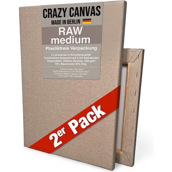 Crazy Canvas Leinwand RAW Medium 30x30 cm, 2er Pack, mittlere Struktur, versandfrei, ungrundiert, 330 g/m², mittlere Struktur, Leinenoptik, Made in Berlin