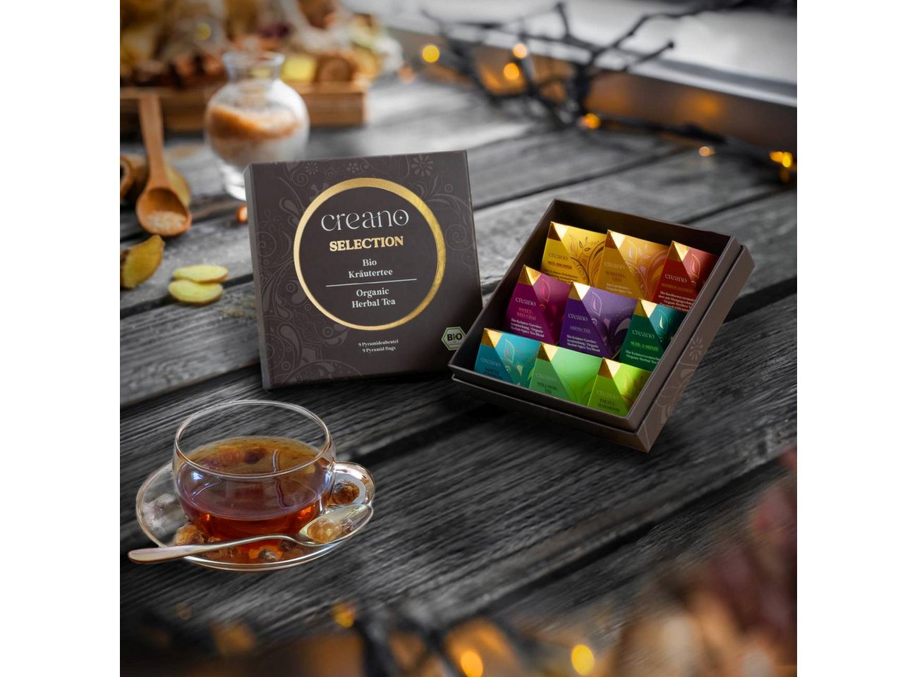 Creano Tee Bio Kräutertee 9er Pyramiden Geschenkset „ORGANIC HERBAL TEA“, 1 x 1 St. (9 Bio-Pyramiden-Teebeutel) – Bild 4 von 5