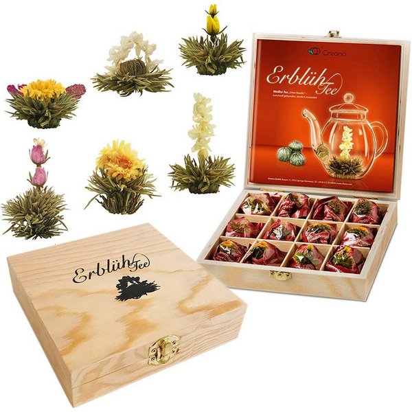 Creano Tee Geschenkset Teekiste aus Holz, 12 Erblühtee in 6 Sorten Weißtee, 1 x 12 St.
