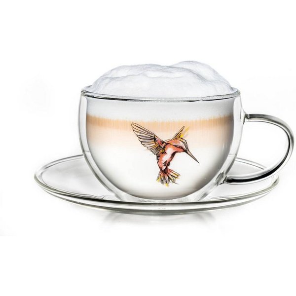 Creano Teeglas Teeglas Thermo Tasse mit Untersetzer “Rot” 250ml, Borosilikatglas, 2-teilig