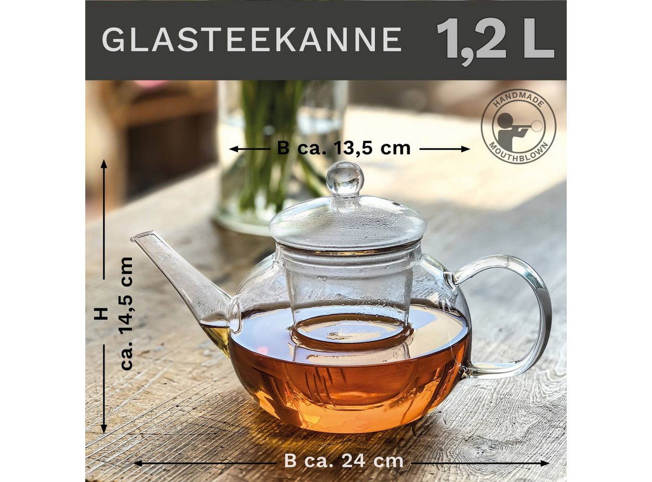 Creano Teekanne Teekanne 1,2 Liter mit Glassieb und Glasdeckel, 1.2 l, 1x Glasteekanne mit Glassieb – Bild 2 von 5