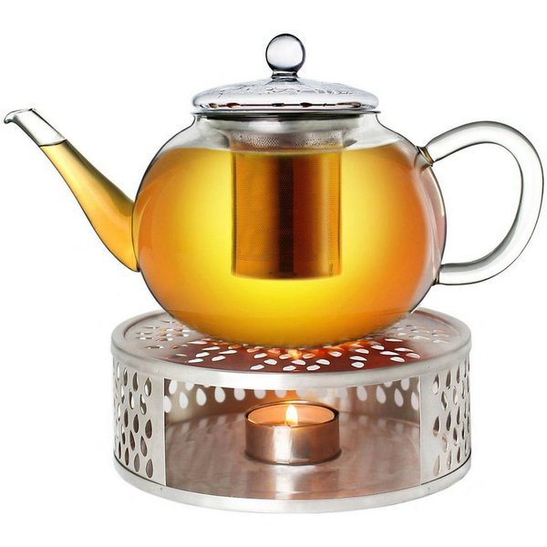 Creano Teekanne Teekanne “flach” 1,2l mit Stövchen aus Edelstahl, 1.2 l, (Set, 4-St., 1 Teekanne, 1 Stövchen, 1 Deckel)