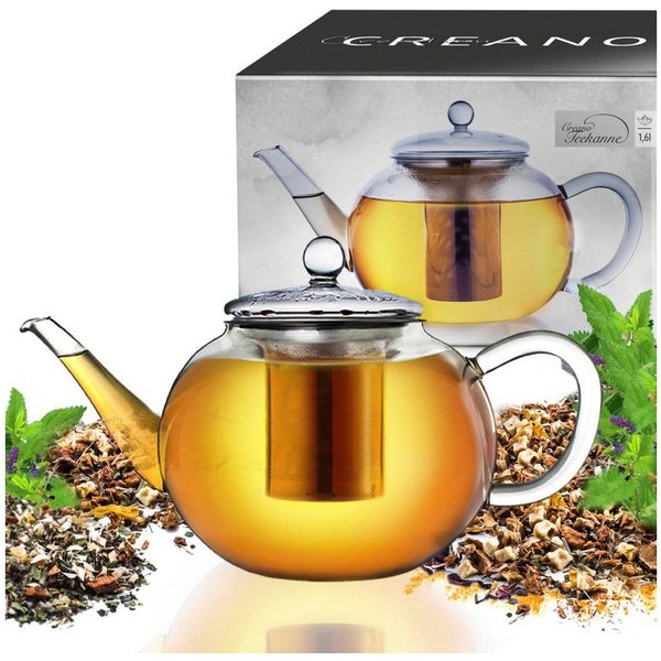 Creano Teekanne Teekanne “flach” 1,6l, 1.6 l, (1er-Set, 3-St., Teekanne & Deckel), tropffrei