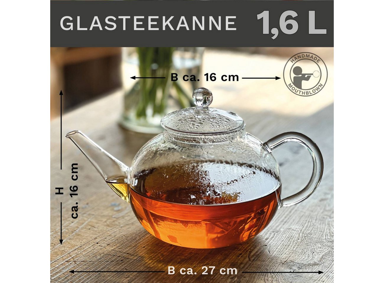 Creano Teekanne Teekanne “flach” 1,6l, 1.6 l, (1er-Set, 3-St., Teekanne & Deckel), tropffrei – Bild 2 von 5