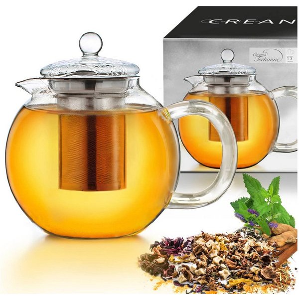 Creano Teekanne Teekanne “Schnabel” 1,3l mit Integriertem Edelstahl-Sieb + Glas-Deckel, 1,3 l, (1er-Set, 3-St., Teekanne & Deckel), tropffrei