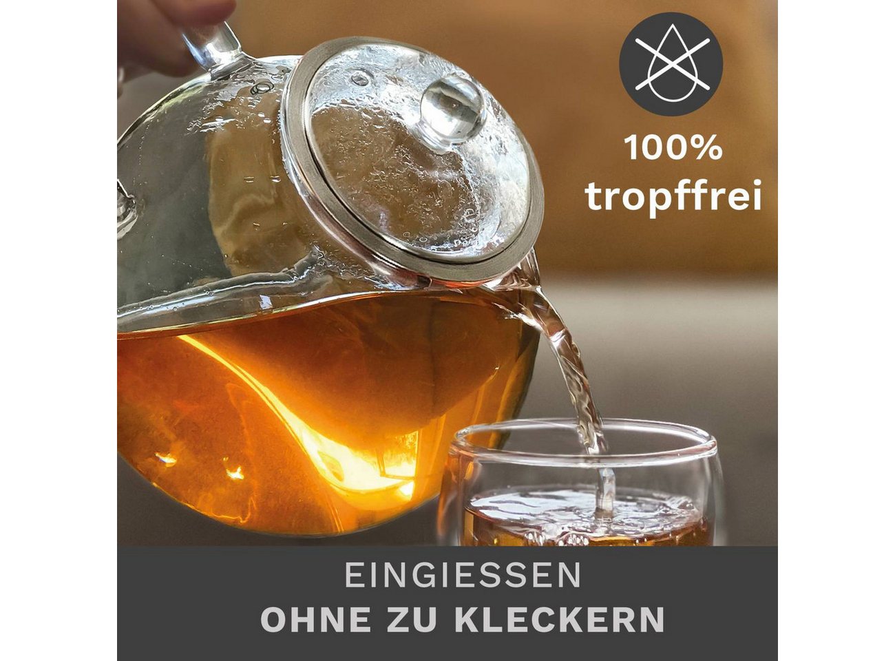Creano Teekanne Teekanne “Schnabel” 1,3l mit Integriertem Edelstahl-Sieb + Glas-Deckel, 1,3 l, (1er-Set, 3-St., Teekanne & Deckel), tropffrei – Bild 3 von 5