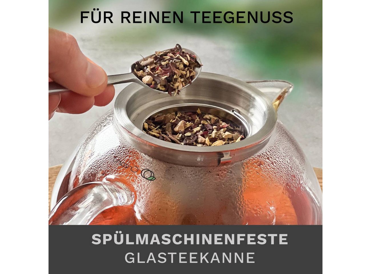 Creano Teekanne Teekanne “Schnabel” 1,3l mit Integriertem Edelstahl-Sieb + Glas-Deckel, 1,3 l, (1er-Set, 3-St., Teekanne & Deckel), tropffrei – Bild 4 von 5