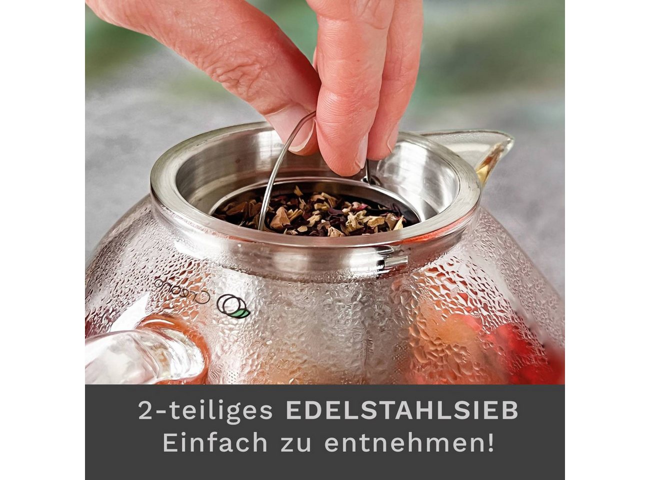 Creano Teekanne Teekanne “Schnabel” 1,3l mit Integriertem Edelstahl-Sieb + Glas-Deckel, 1,3 l, (1er-Set, 3-St., Teekanne & Deckel), tropffrei – Bild 5 von 5
