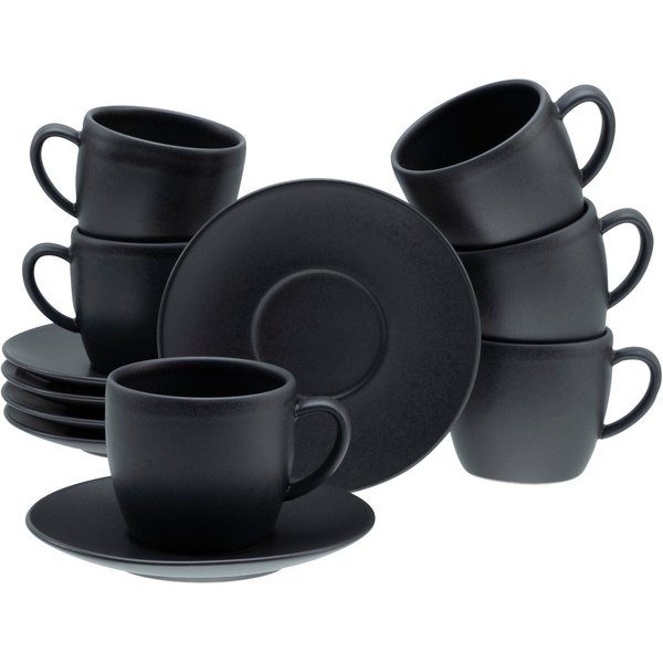 CreaTable Cappuccinotasse Soft Touch Black, 12-tlg., Steinzeug, 12-teiliges Set, mit Untertasse