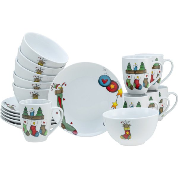 CreaTable Frühstücks-Geschirrset Luna Socken, Frühstücksset 18-tlg (18-tlg), 6 Personen, Porzellan, Winterlicher Dekor mit lustigen Sockenmotiven