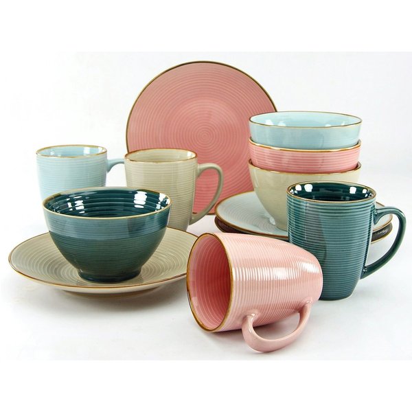 CreaTable Frühstücks-Geschirrset Service, Cosy Morning (Teller, Schale, Kaffeebecher) (12-tlg), 4 Personen, Steinzeug, Kreisstruktur, in Pastell-Farben, 12 Teil