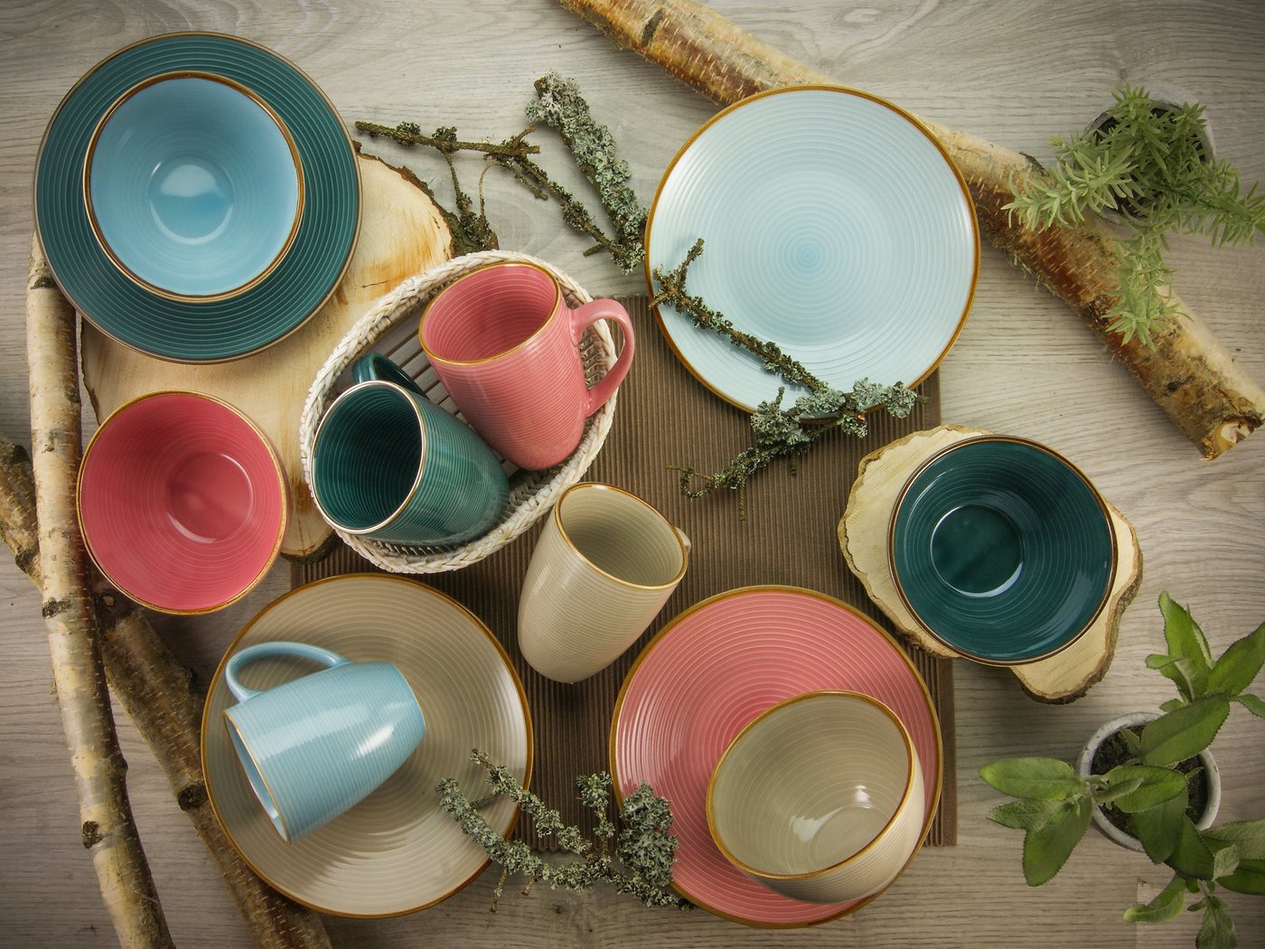 creaTable Frühstücks-Geschirrset Service, Cosy Morning (Teller, Schale, Kaffeebecher) (12-tlg), 4 Personen, Steinzeug, Kreisstruktur, in Pastell-Farben, 12 Teil – Bild 2 von 5