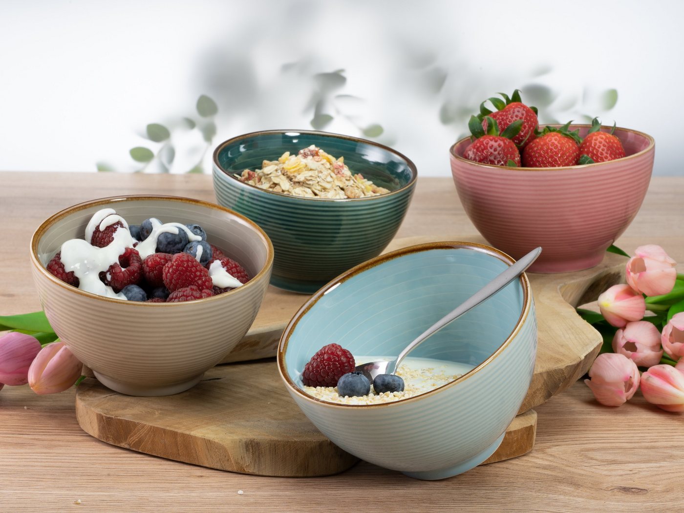 creaTable Frühstücks-Geschirrset Service, Cosy Morning (Teller, Schale, Kaffeebecher) (12-tlg), 4 Personen, Steinzeug, Kreisstruktur, in Pastell-Farben, 12 Teil – Bild 3 von 5