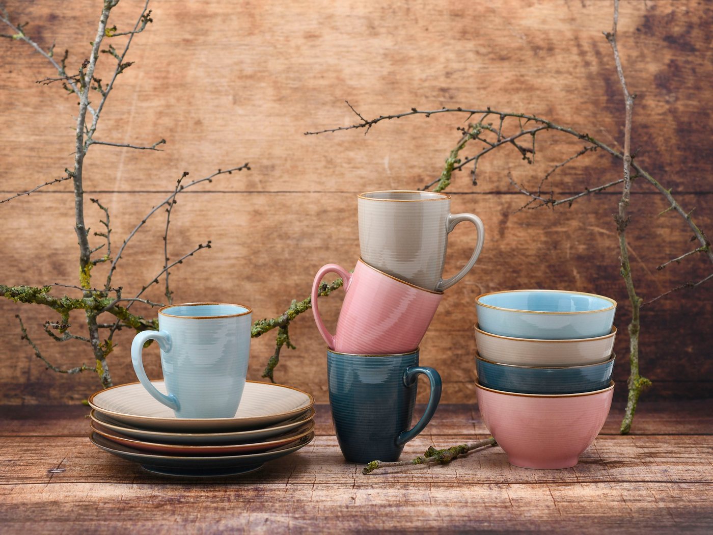 creaTable Frühstücks-Geschirrset Service, Cosy Morning (Teller, Schale, Kaffeebecher) (12-tlg), 4 Personen, Steinzeug, Kreisstruktur, in Pastell-Farben, 12 Teil – Bild 4 von 5