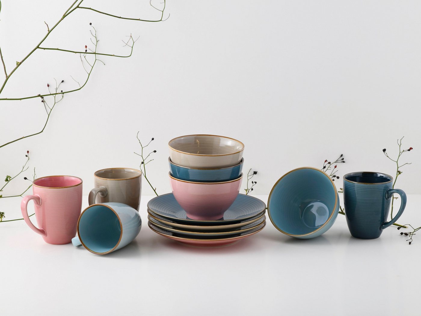 creaTable Frühstücks-Geschirrset Service, Cosy Morning (Teller, Schale, Kaffeebecher) (12-tlg), 4 Personen, Steinzeug, Kreisstruktur, in Pastell-Farben, 12 Teil – Bild 5 von 5