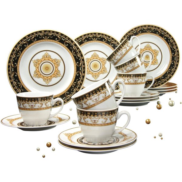 CreaTable Kaffeeservice Geschirr-Set Majestosa (18-tlg), 6 Personen, Porzellan, Service, Dekor schwarz abgesetzt, 18 Teile, für 6 Personen