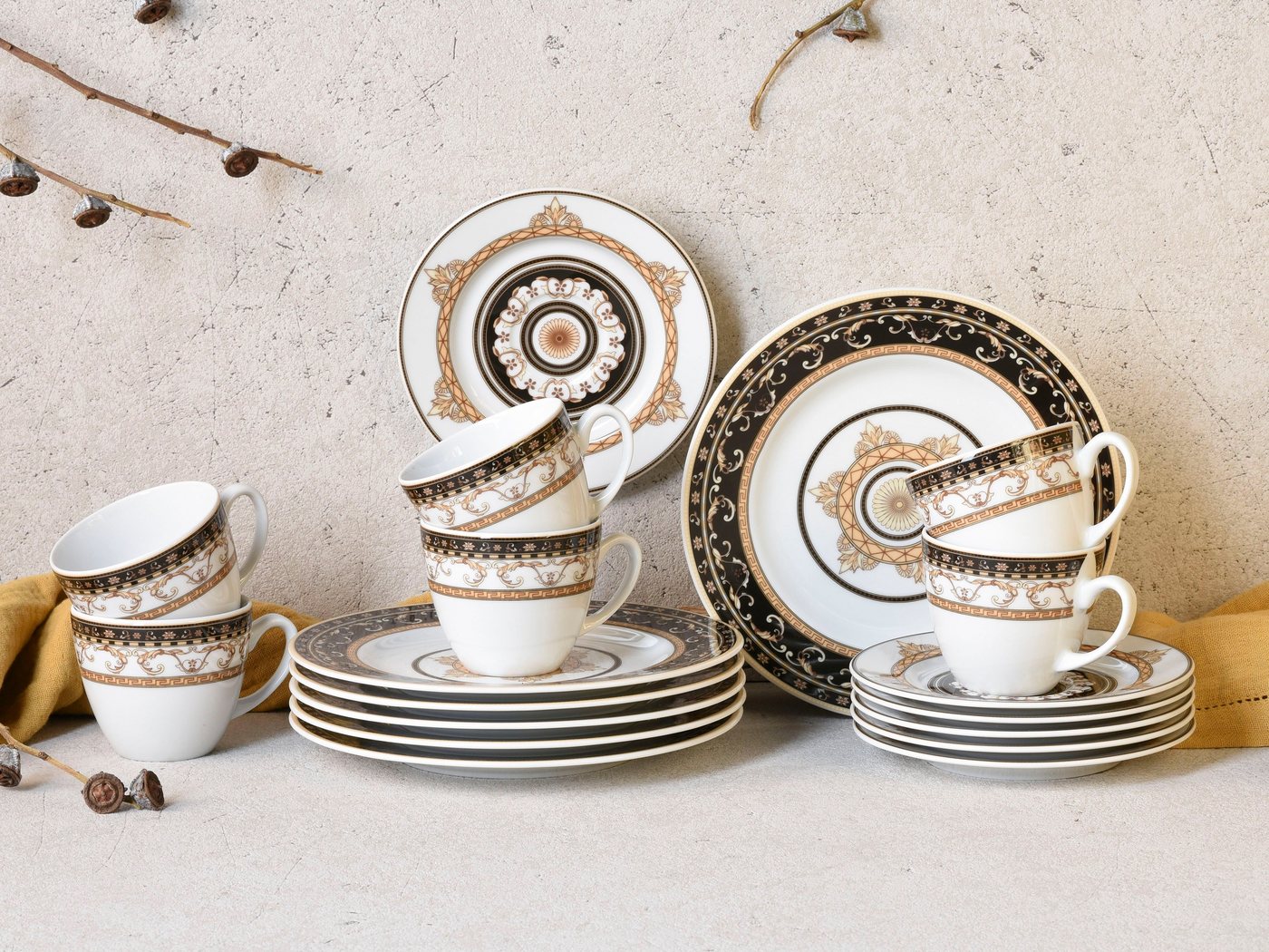 creaTable Kaffeeservice Geschirr-Set Majestosa (18-tlg), 6 Personen, Porzellan, Service, Dekor schwarz abgesetzt, 18 Teile, für 6 Personen – Bild 4 von 5