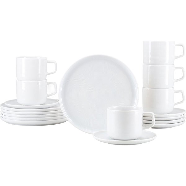 CreaTable Kaffeeservice Session, Service, 18-tlg. (18-tlg), 6 Personen, Porzellan, Teller ohne Fahne mit großem Spiegel, Elegantes Rillenrelief