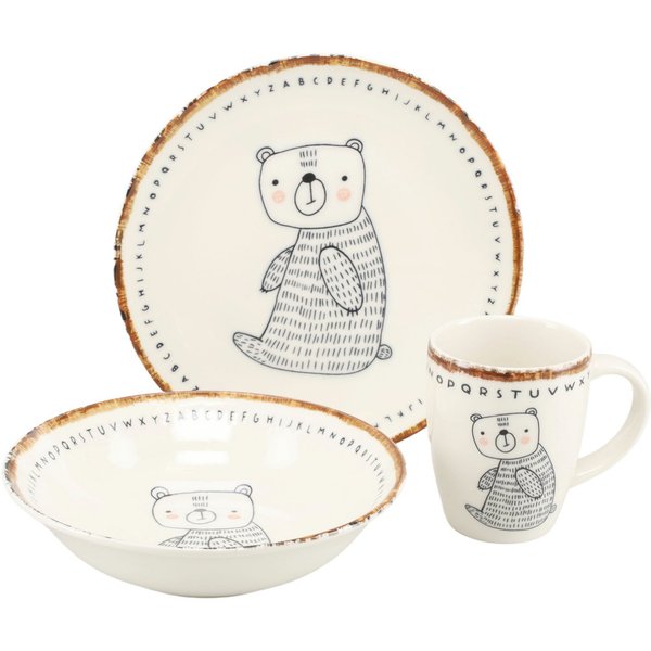 CreaTable Kindergeschirr-Set Freunde des Waldes Bär, Kinder Set 3-tlg. (3-tlg), 1 Personen, Steinzeug, Tiermotive, skandinavischer Stil, unregelmäßiger brauner 
