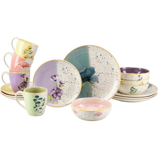 CreaTable Kombiservice Armonia, Geschirr-Set, 16-tlg. (16-tlg), 4 Personen, Steingut, Lebendige Blütenmotive, moderne Sprenkel- und Farbverlauftechnik