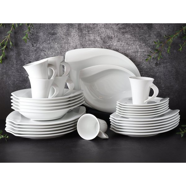CreaTable Kombiservice Geschirr-Set ACACIA (30-tlg), 6 Personen, Porzellan, Service, weiß, extravagantes Form, 30 Teile, für 6 Personen