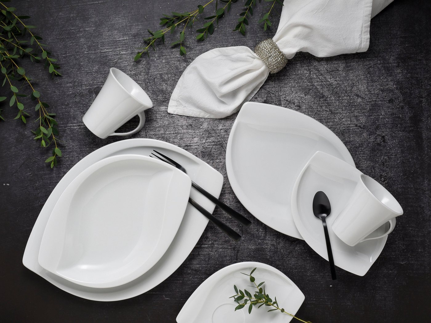 creaTable Kombiservice Geschirr-Set ACACIA (30-tlg), 6 Personen, Porzellan, Service, weiß, extravagantes Form, 30 Teile, für 6 Personen – Bild 3 von 5