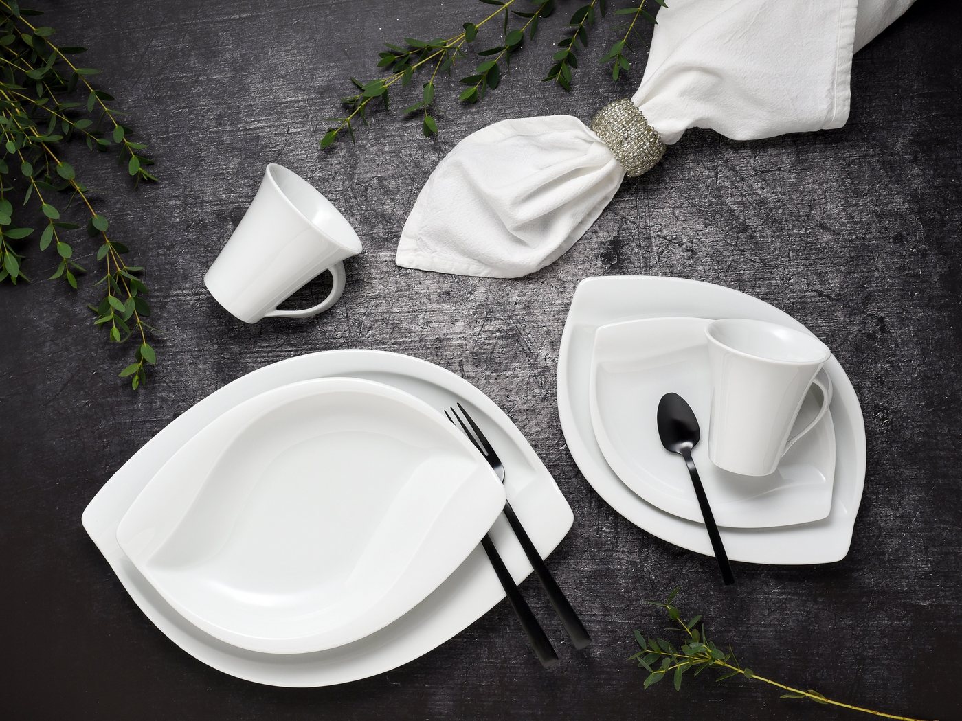 creaTable Kombiservice Geschirr-Set ACACIA (30-tlg), 6 Personen, Porzellan, Service, weiß, extravagantes Form, 30 Teile, für 6 Personen – Bild 4 von 5