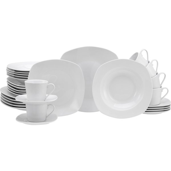 CreaTable Kombiservice Geschirr-Set Amelie (30-tlg), 6 Personen, Porzellan, Service, weiß, quadratische Form, 30 Teile, für 6 Personen