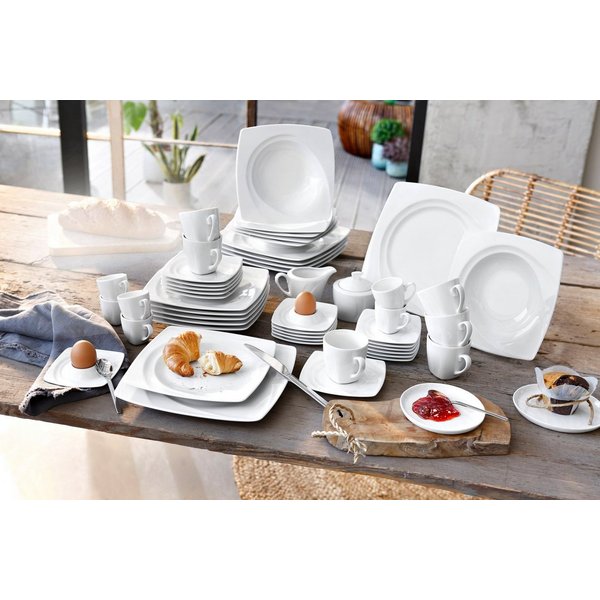 CreaTable Kombiservice Geschirr-Set Celebration (50-tlg), 6 Personen, Porzellan, Service, weiß, außergewöhnliche Geometrie, 50 Teile, für 6 Personen