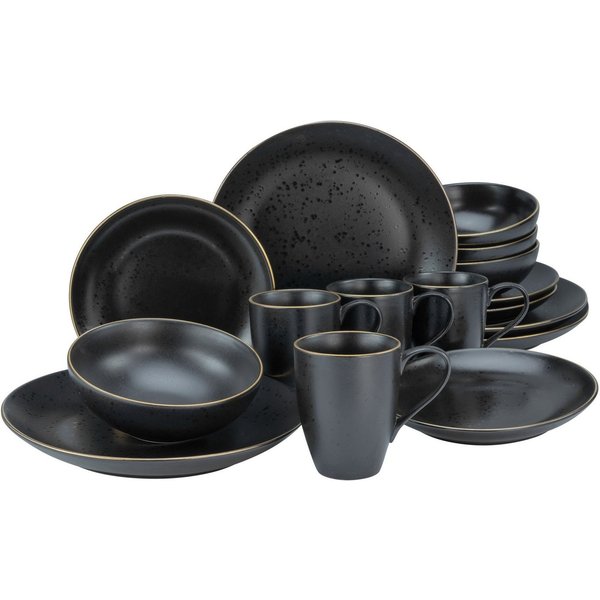 CreaTable Kombiservice Geschirr-Set Industrial (16-tlg), 4 Personen, Steinzeug, Service, schwarze, Goldrand, 16 Teile, für 4 Personen
