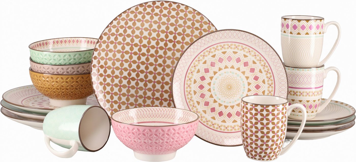 creaTable Kombiservice Geschirr-Set Mandala (16-tlg), 4 Personen, Steinzeug, Service, 4 Designs, 16 Teile, für 4 Personen – Bild 2 von 5