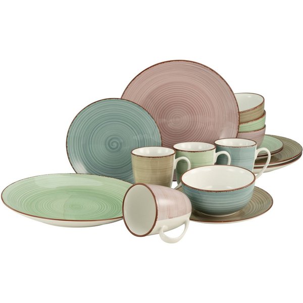 CreaTable Kombiservice Geschirr-Set Samba (16-tlg), 4 Personen, Porzellan, Service, handgemalter Spiraldekor, 16 Teile, für 4 Personen